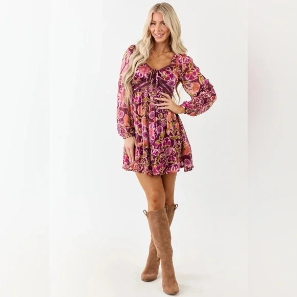NWT Floral Print Boho Velvet Contrast Balloon Long Sleeve Mini Dress - Picture 3 of 12